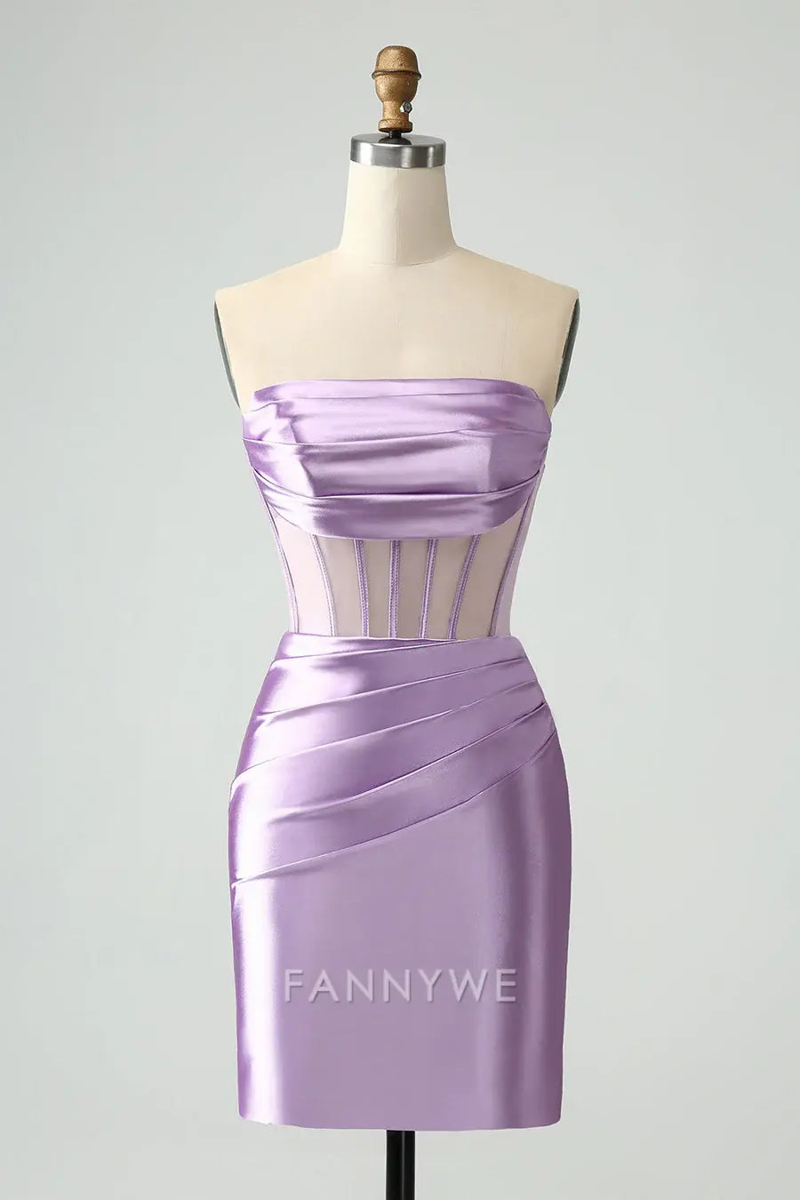 FannyWe Simple Strapless Sheer Bodice Mini Cocktail Dress in Lavender formal wear dresses